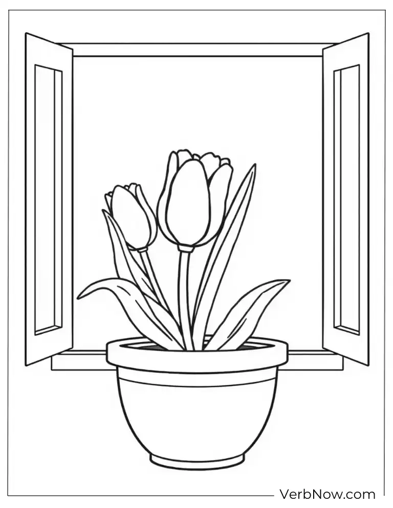 Window Pot Tulip Coloring Page for Home Décor Lovers