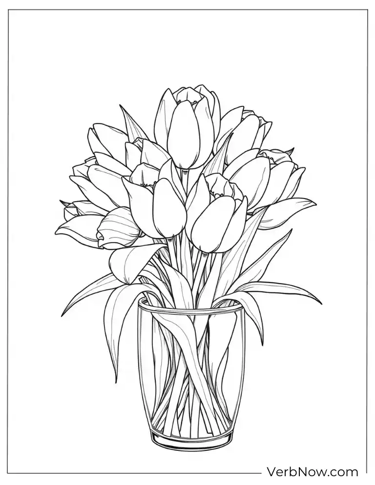 Elegant Tulip Coloring Page in Glass Vase