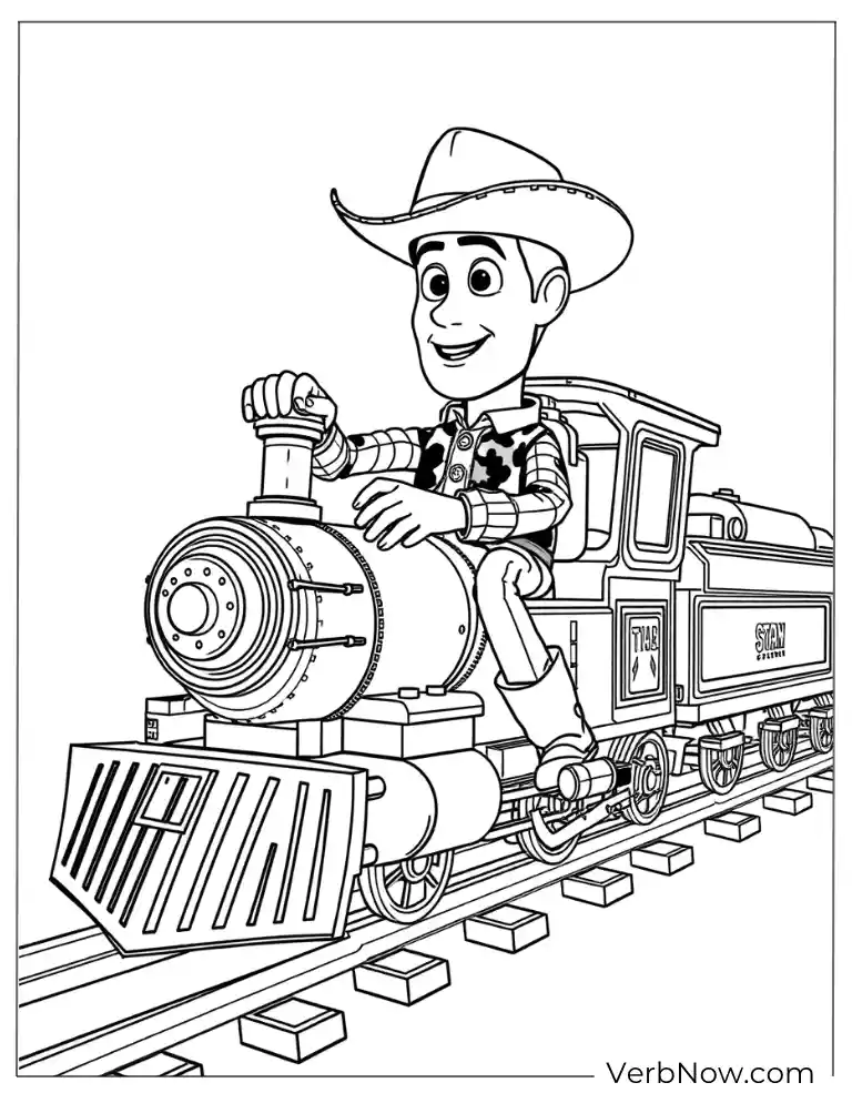 Woody Riding a Train Coloring Page from Toy Story