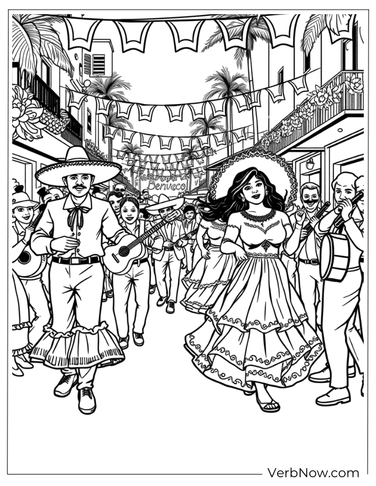 Cinco de Mayo coloring page with traditional parade in festive street scene