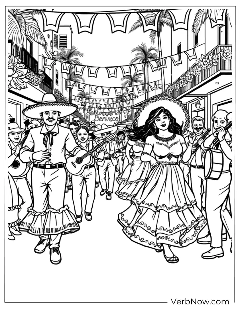 Cinco de Mayo coloring page with traditional parade in festive street scene