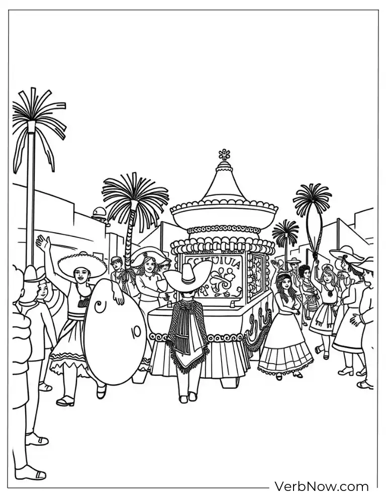 Street party scene for Cinco de Mayo coloring page