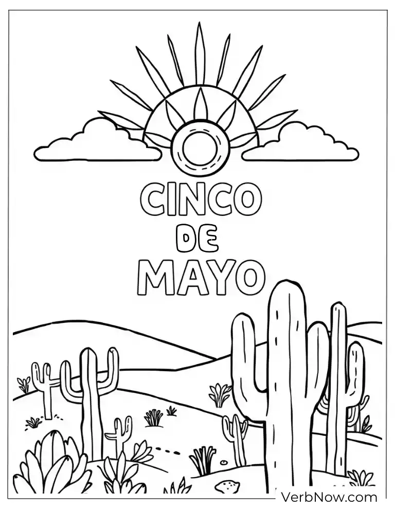 Classic Cinco de Mayo coloring page with desert and cacti theme