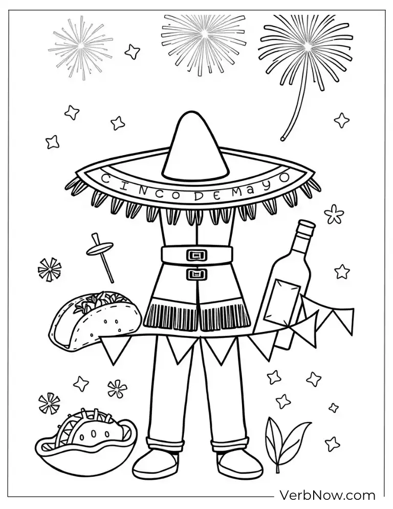 Funny Cinco de Mayo coloring page with character and festive food