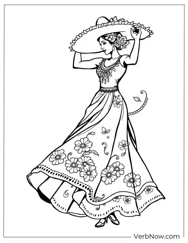 Elegant Cinco de Mayo coloring page with a folklorico dancer