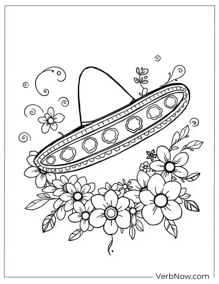 Sombrero and floral design on a Cinco de Mayo coloring page