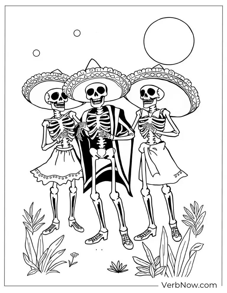 Dancing skeletons celebrating Cinco de Mayo coloring page