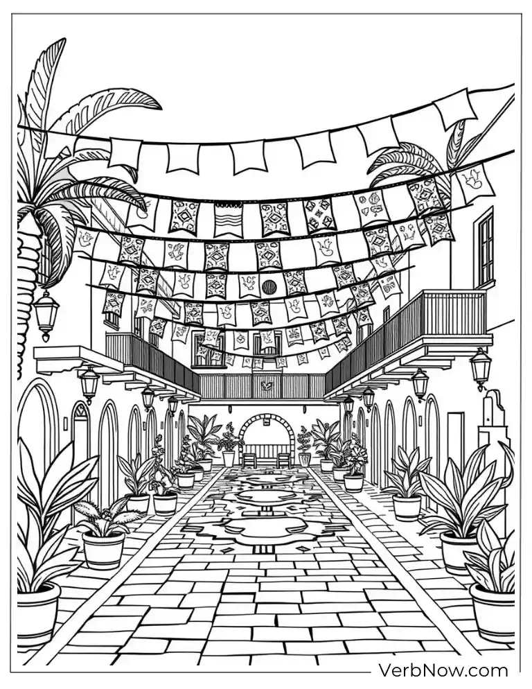 Festive Cinco de Mayo coloring page with decorated street and flags