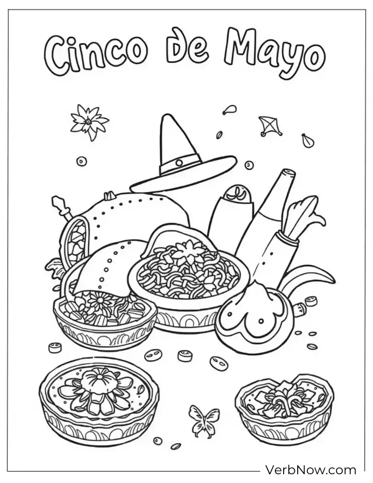 Mexican food and sombrero Cinco de Mayo coloring page