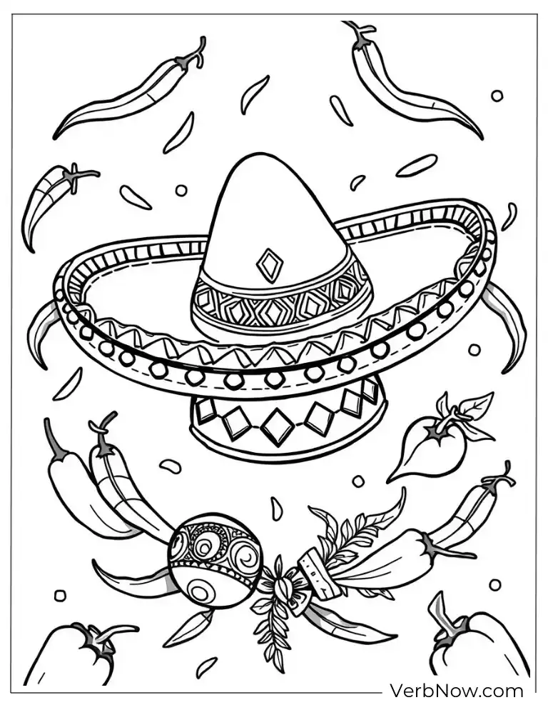 Sombrero with peppers and maracas Cinco de Mayo coloring page
