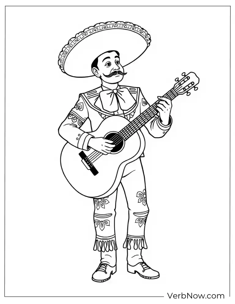 Mariachi musician playing guitar Cinco de Mayo coloring page