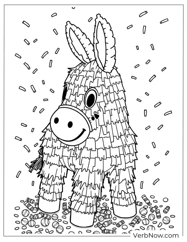Donkey pinata with confetti Cinco de Mayo coloring page