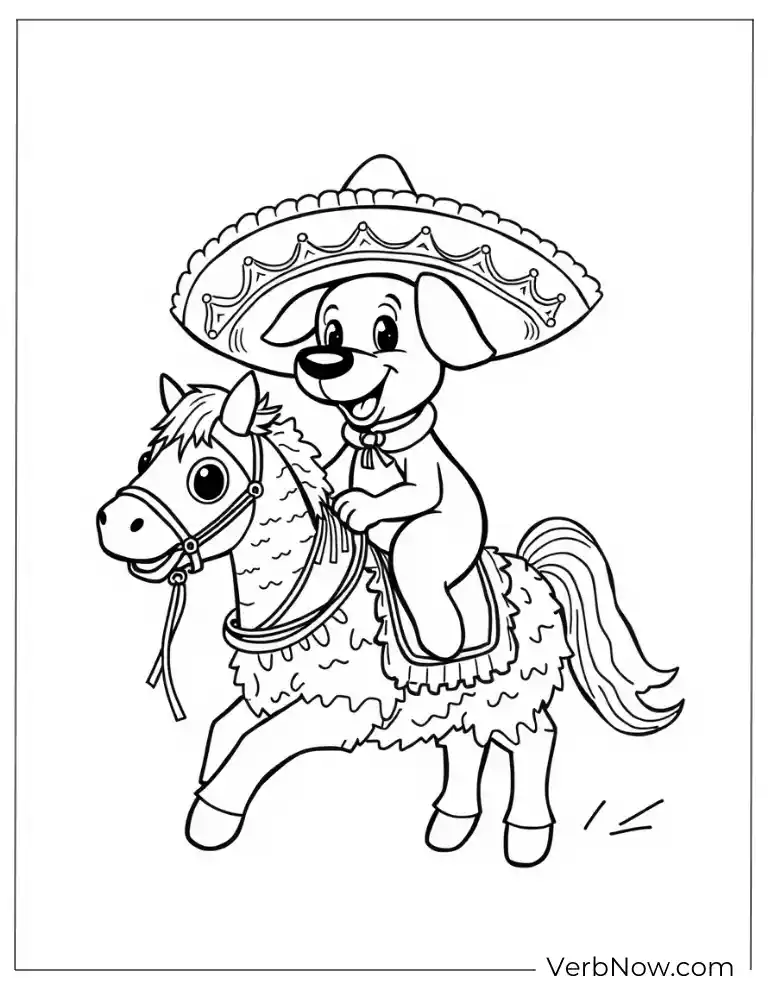 Puppy riding pinata horse Cinco de Mayo coloring page