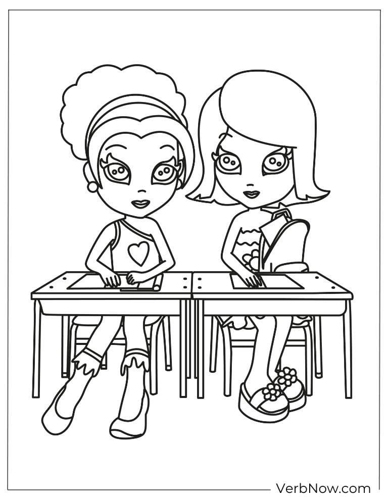 Two girls chatting at school coloring page