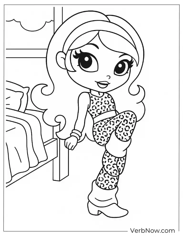 Stylish girl sitting on bed coloring page