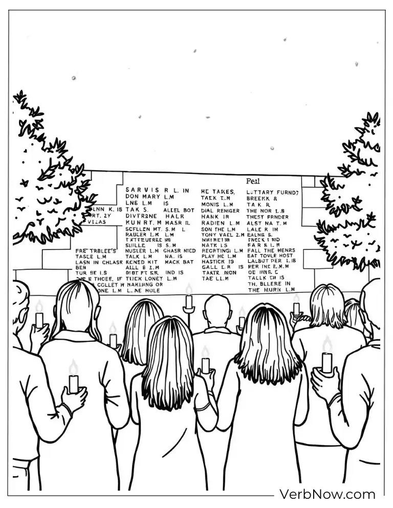 Memorial Day coloring page with people honoring wall