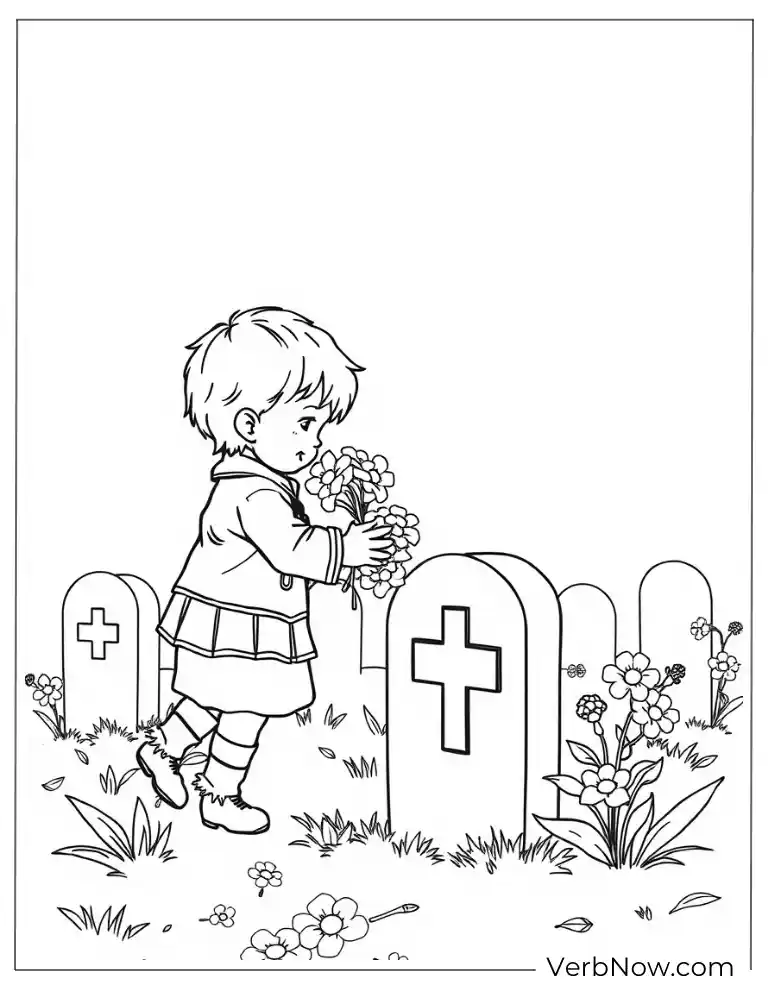 Girl placing flowers at grave remembrance activity