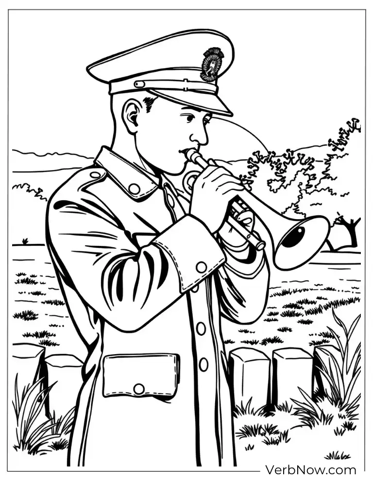 Bugler at cemetery military remembrance coloring page