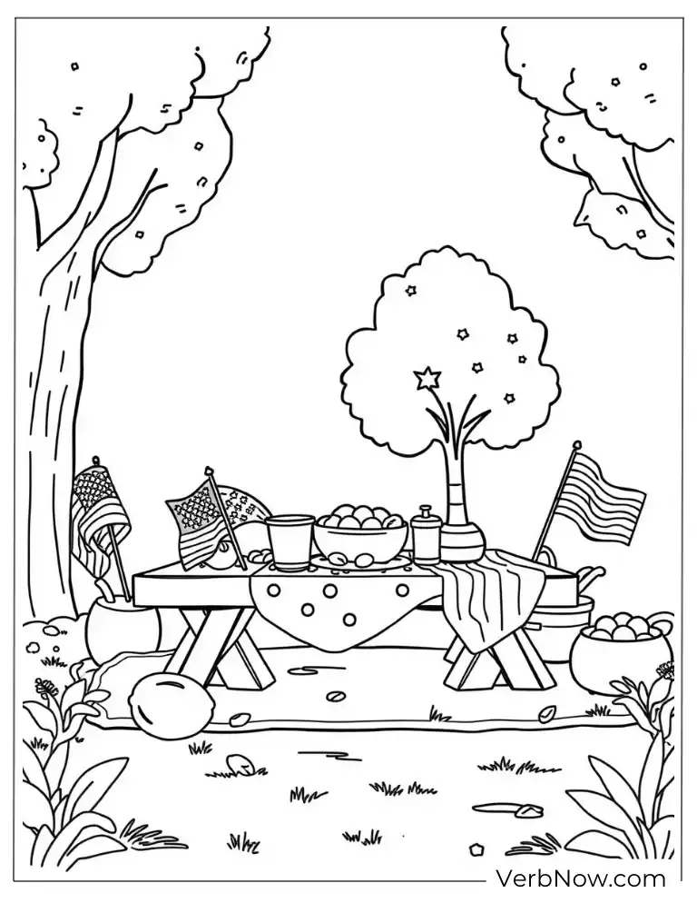 Picnic with flags patriotic Memorial Day coloring page