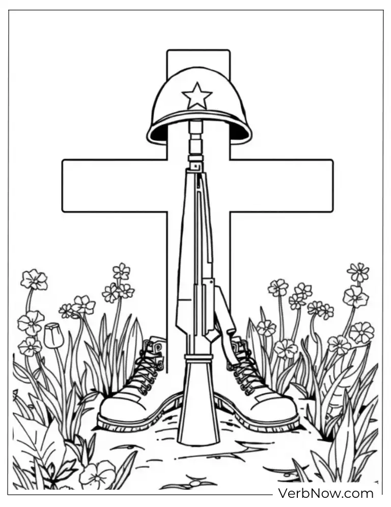Boots and grave cross in the Memorial Day coloring sheet