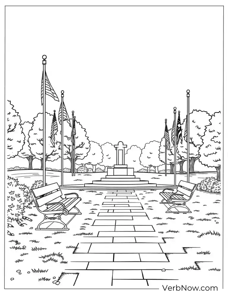 Peaceful cemetery view in the Memorial Day coloring page