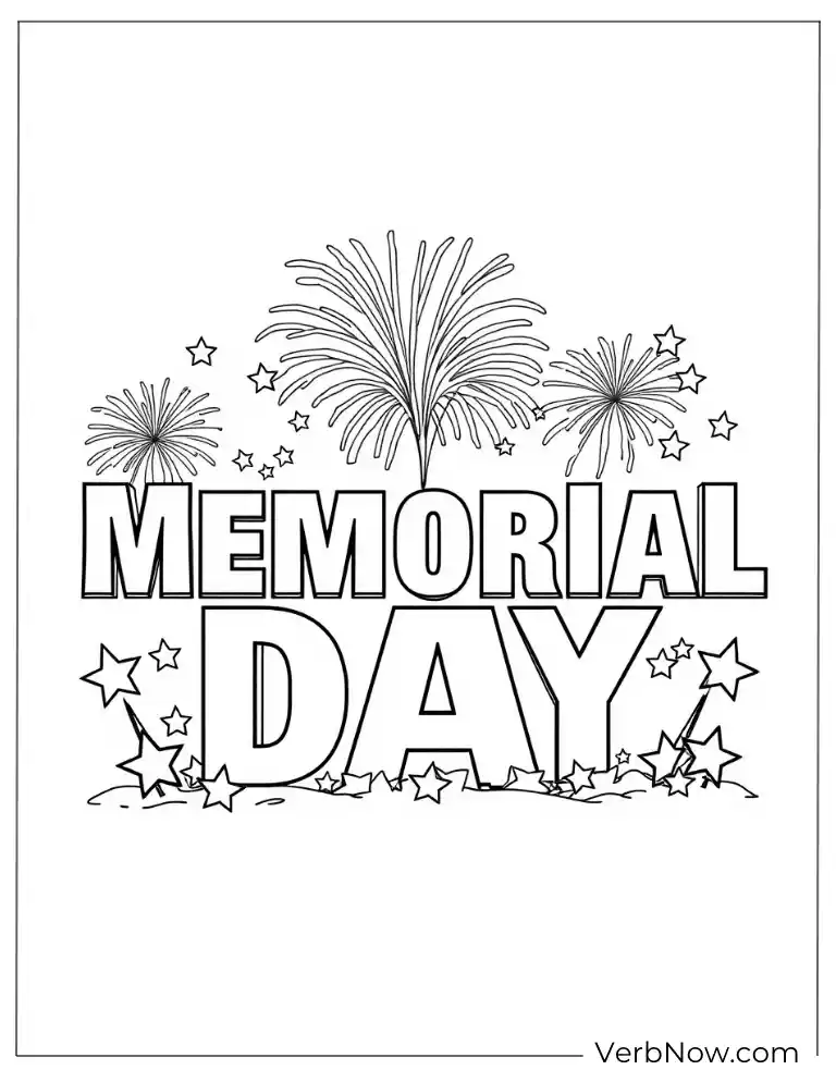 Memorial Day coloring page with fireworks and stars