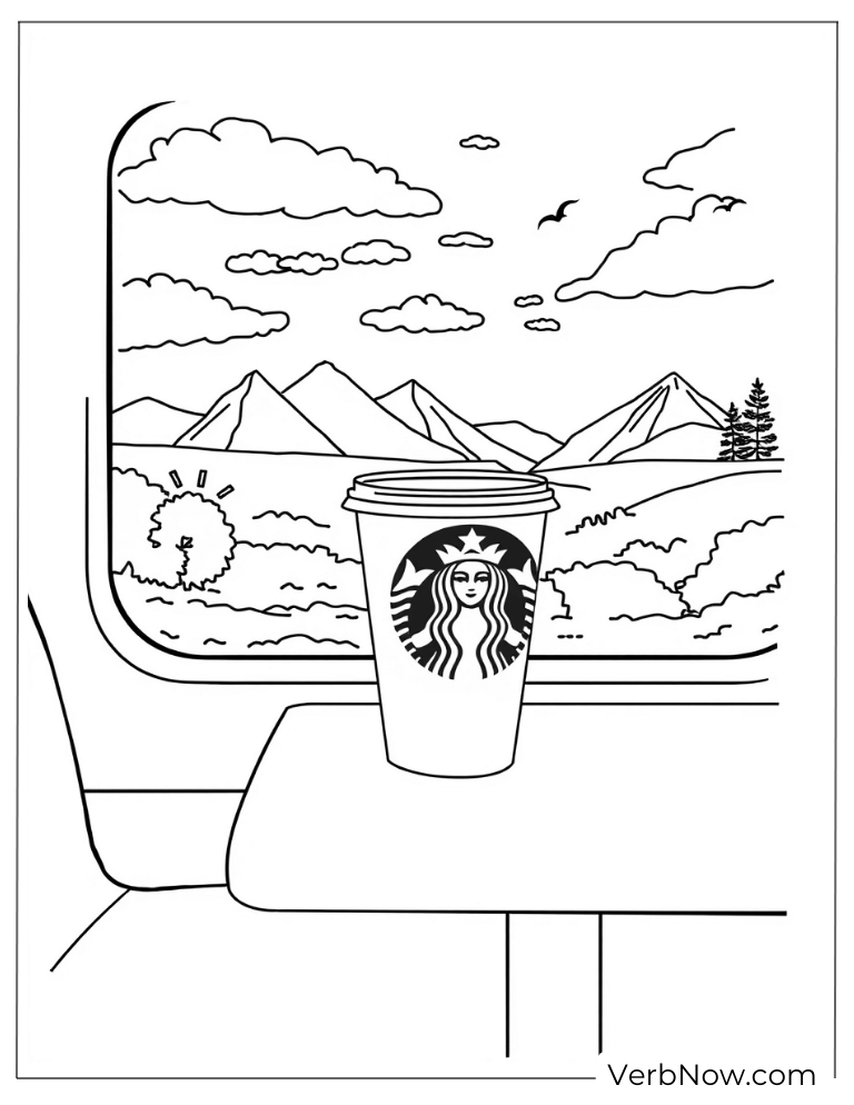 Starbucks on a train windowsill coloring sheet