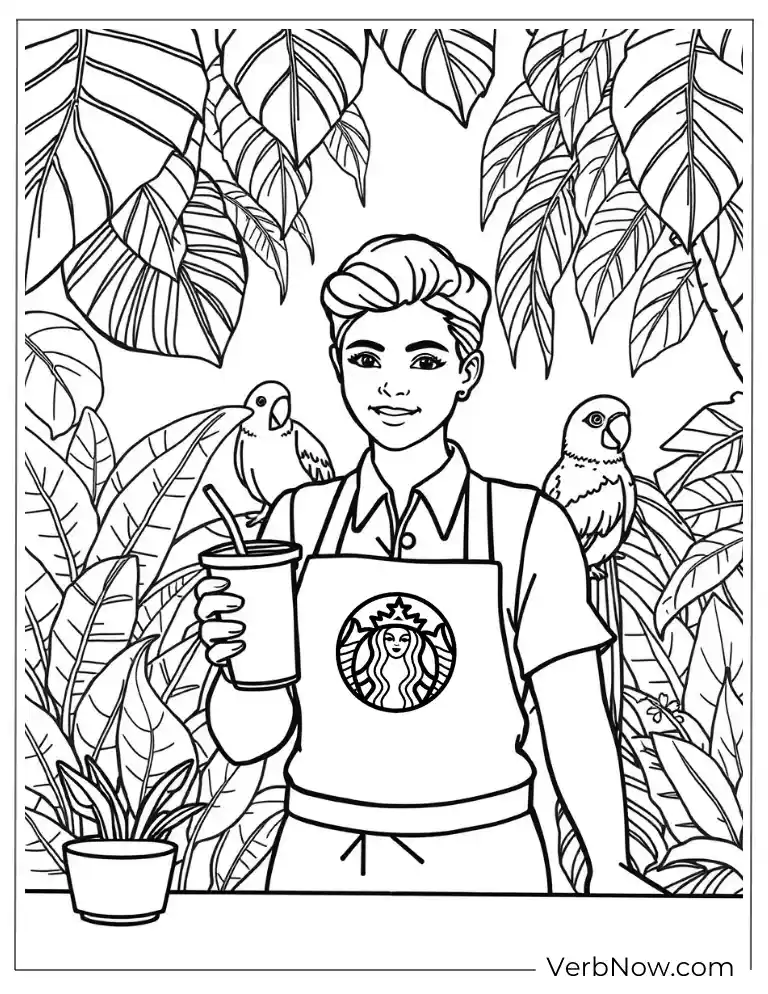 Friendly barista with coffee cup coloring page