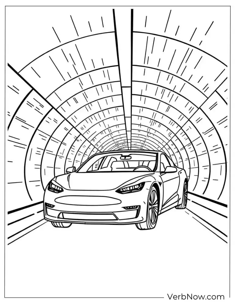Tesla driving through tunnel coloring sheet