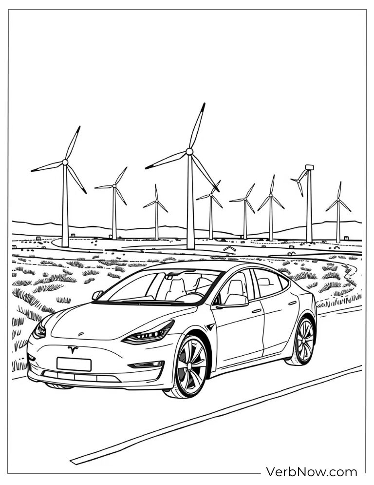 Tesla driving past wind turbines coloring page
