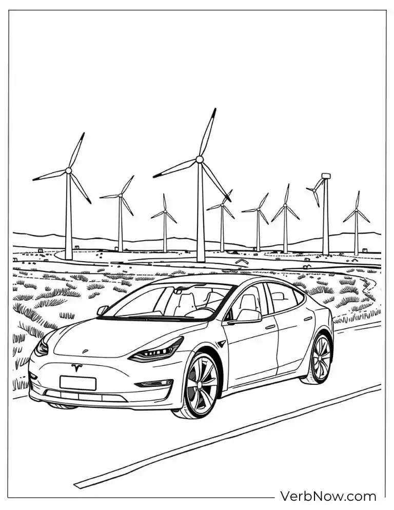 Tesla driving past wind turbines coloring page