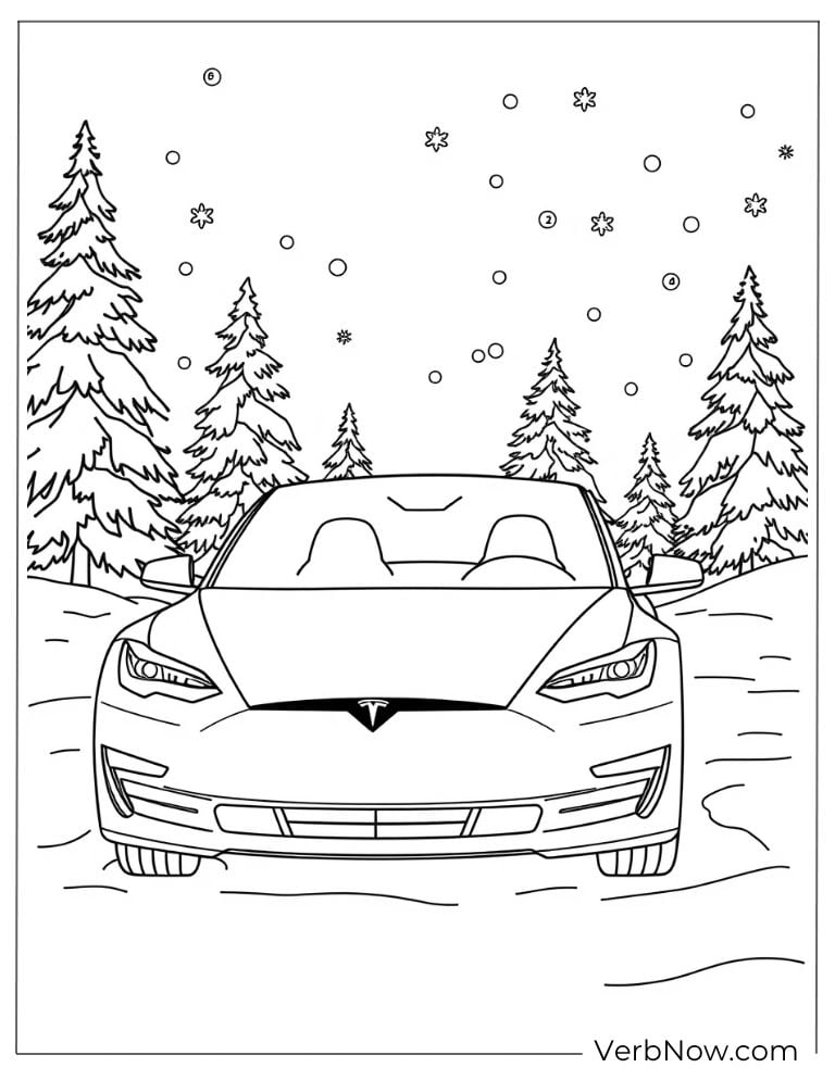 Tesla car in a snowy forest coloring page