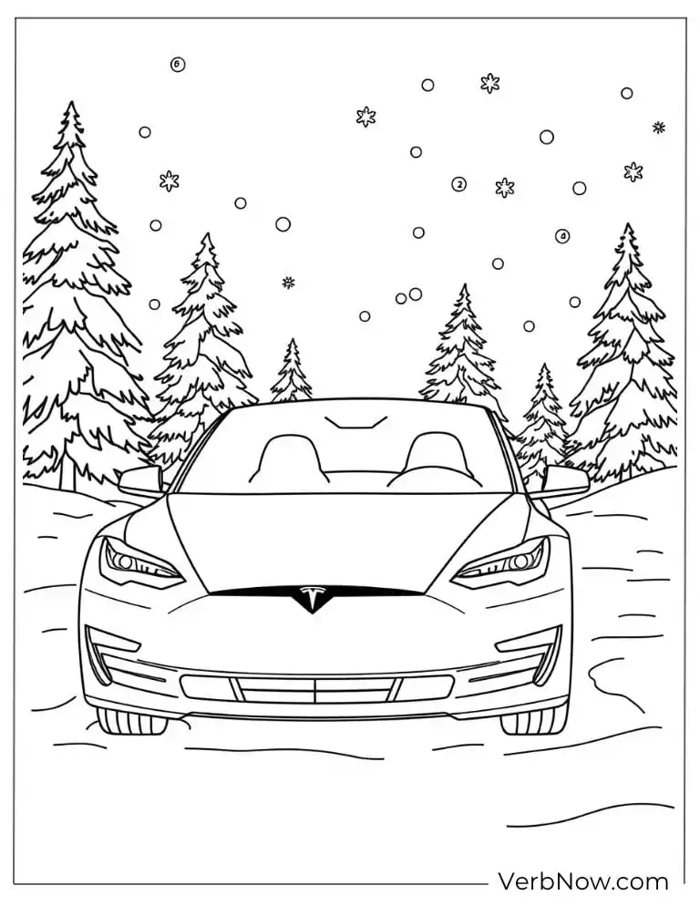 Tesla car in a snowy forest coloring page