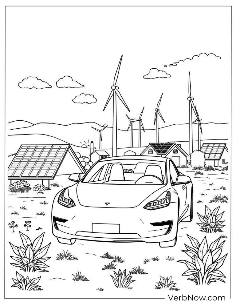 Tesla in front of solar panels coloring page