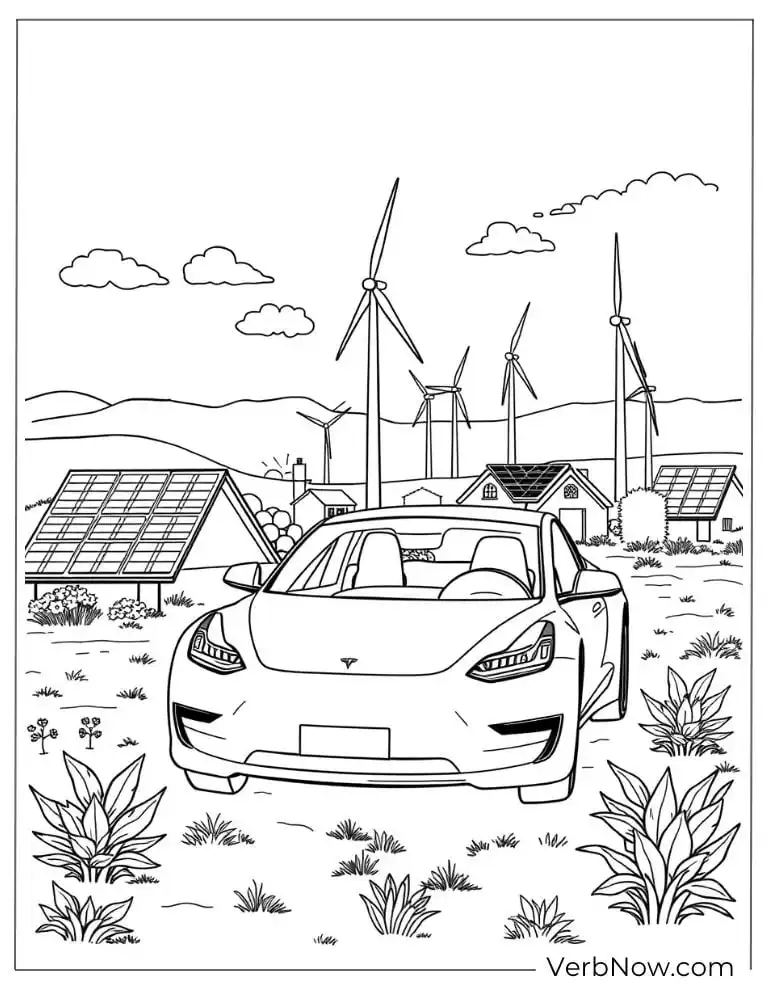 Tesla in front of solar panels coloring page
