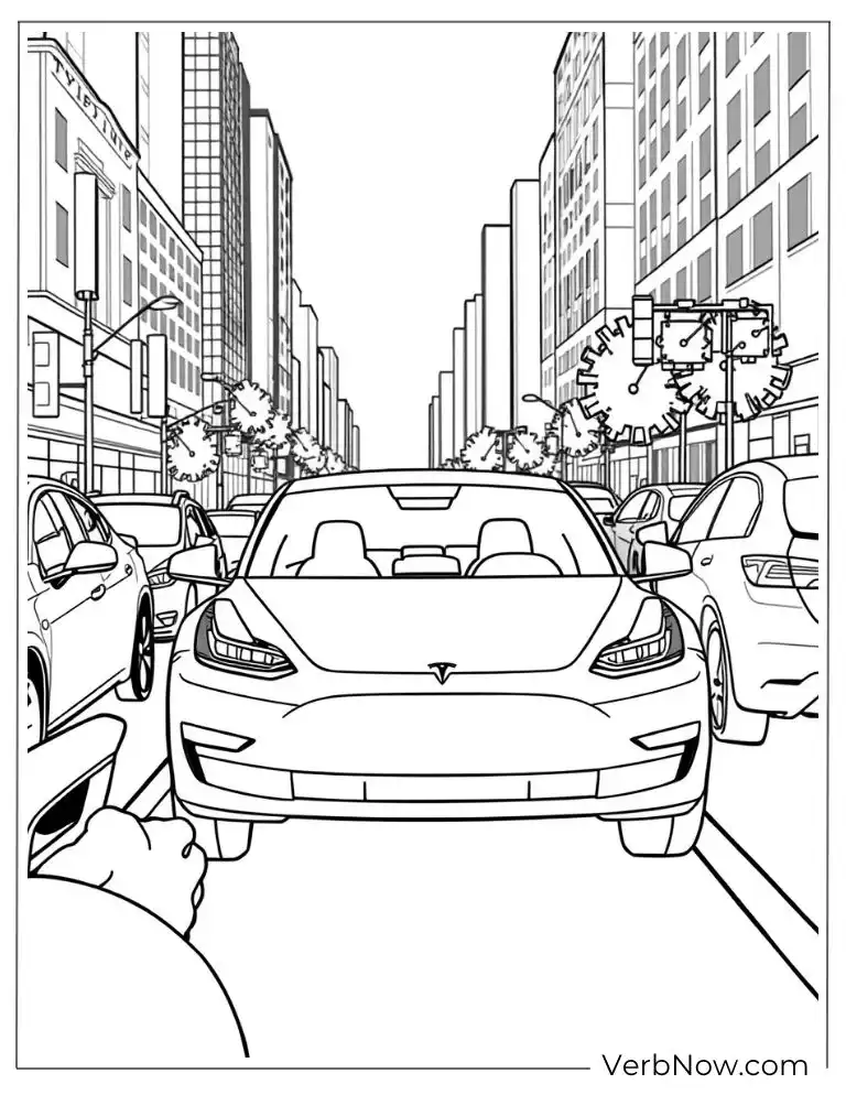 Tesla driving in a busy street coloring sheet