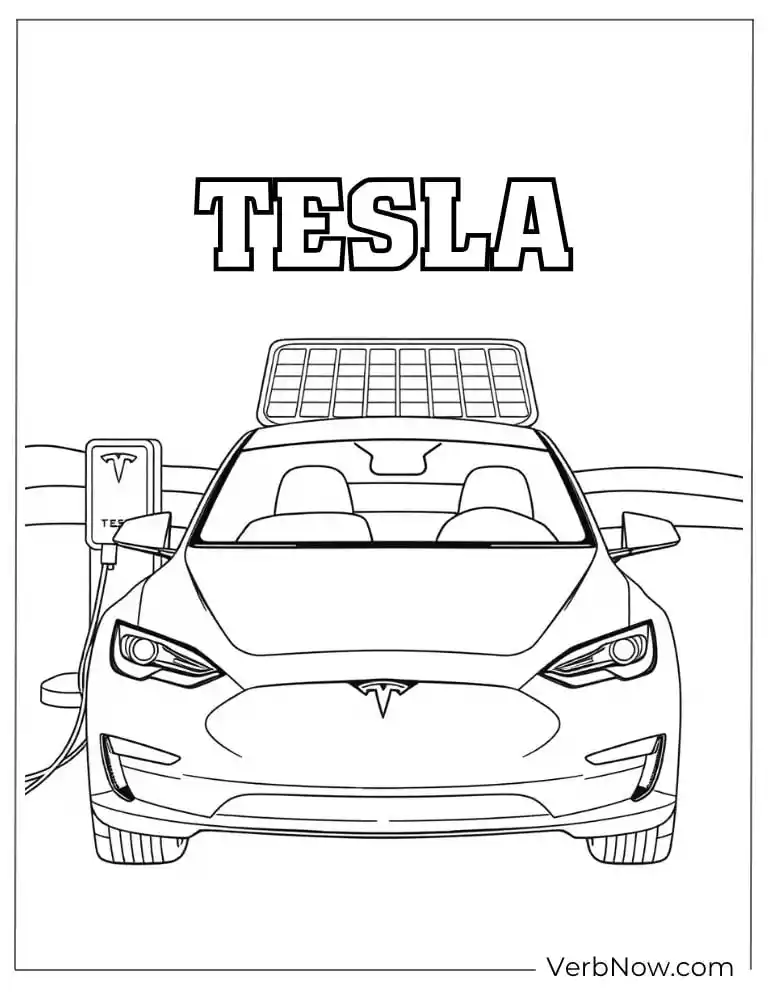 Tesla charging with bold “TESLA” coloring sheet