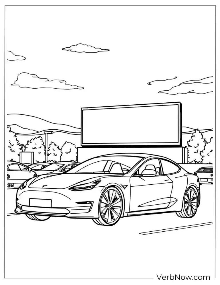 Tesla parked by a billboard coloring page