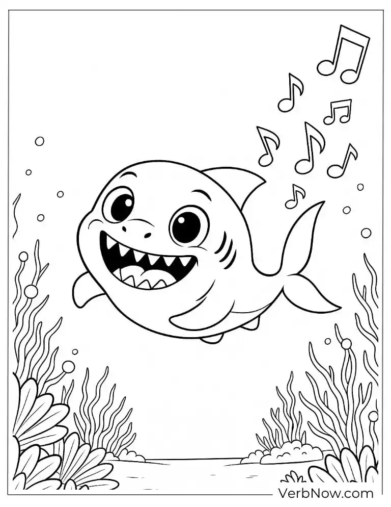 Baby Shark singing joyfully with musical notes