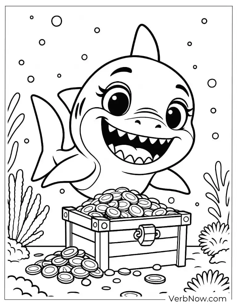 Baby Shark with a treasure chest of coins