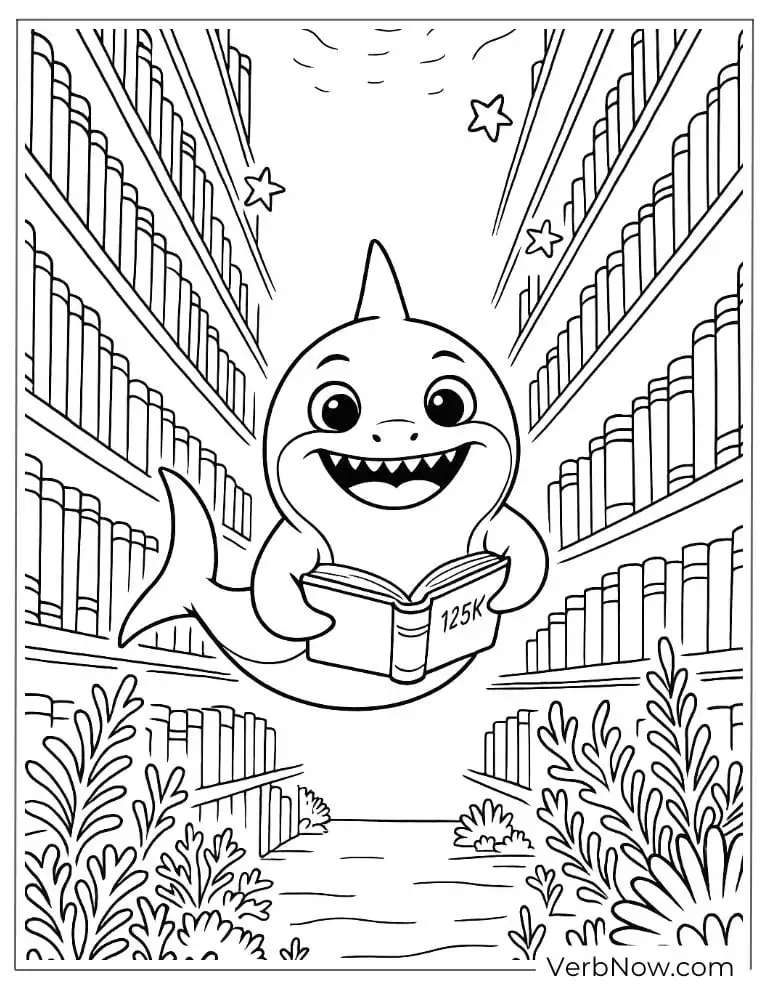 Baby Shark reading book in library