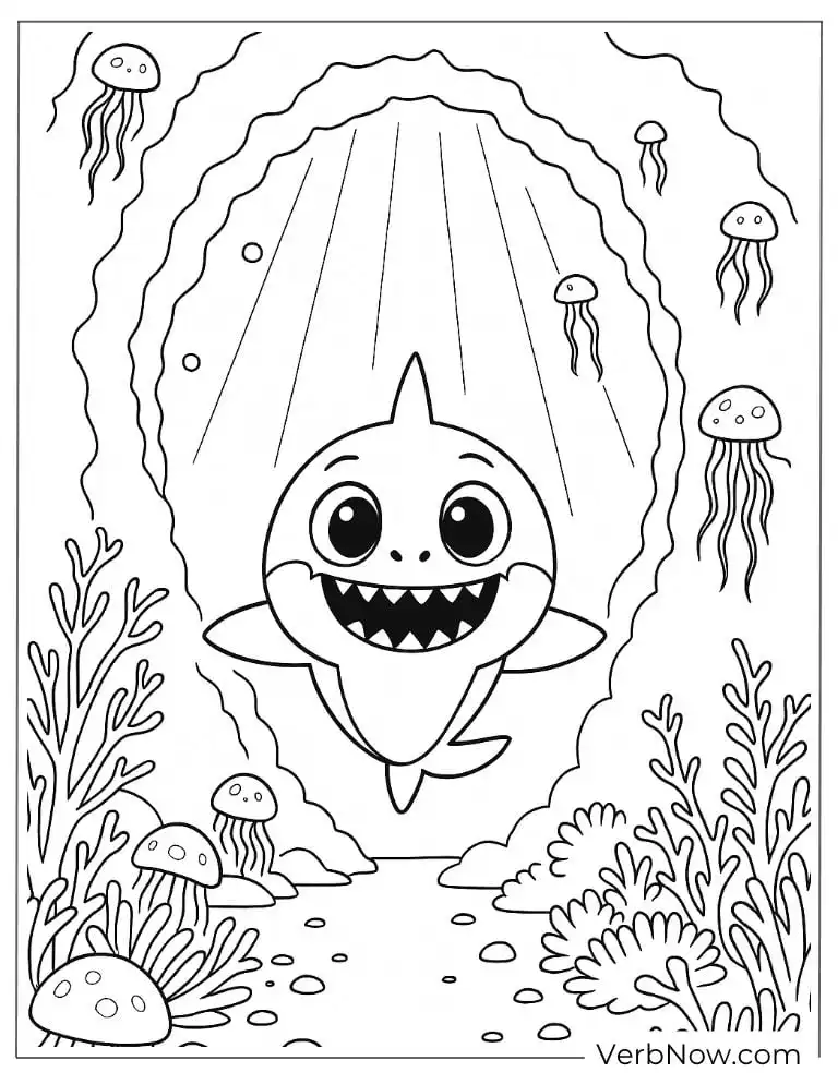 Baby Shark exploring a coral reef coloring page