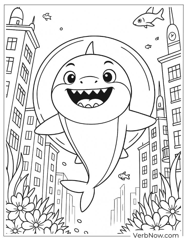 Baby Shark swimming through the city