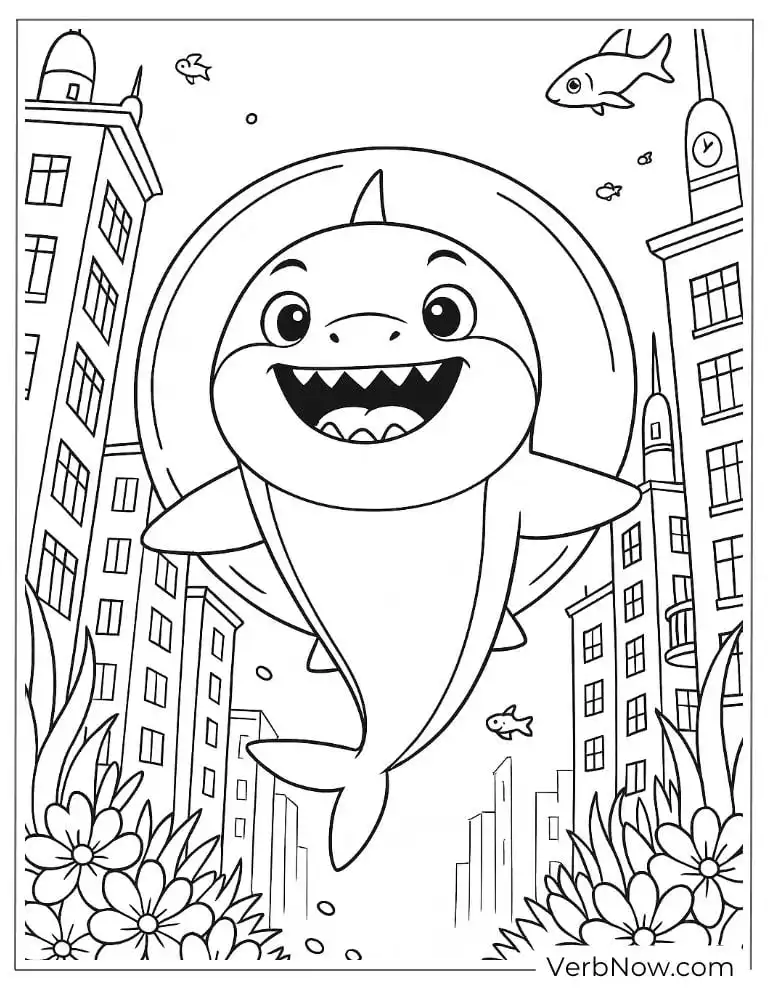 Baby Shark swimming through the city