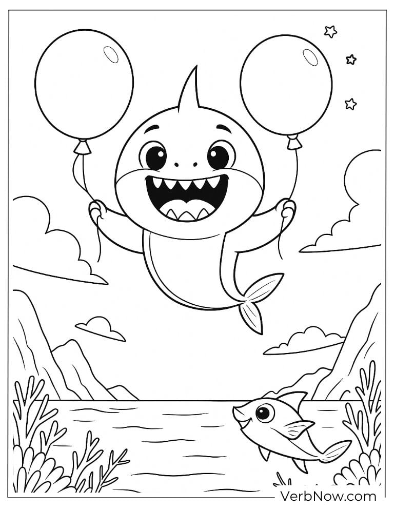 Baby Shark holding balloons coloring page