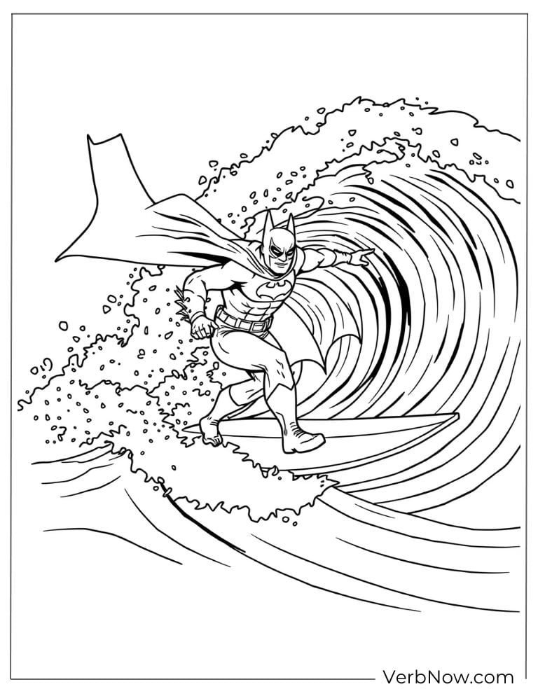 Batman surfs a giant wave coloring page