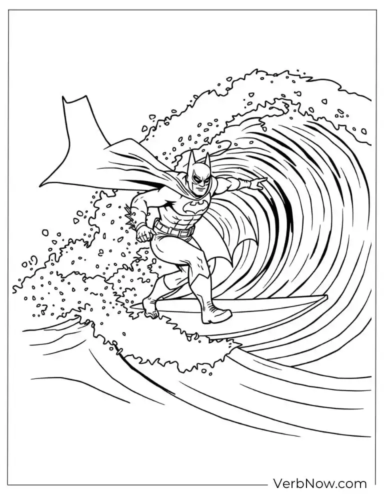 Batman surfs a giant wave coloring page