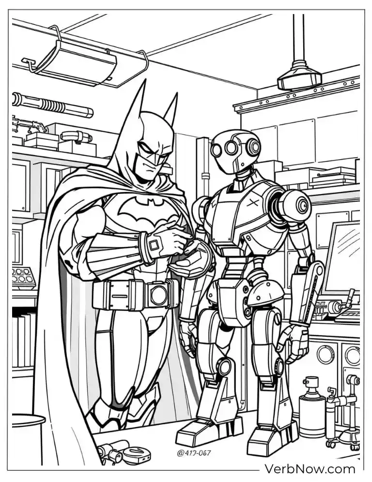 Batman with robot partner in high-tech lab coloring page