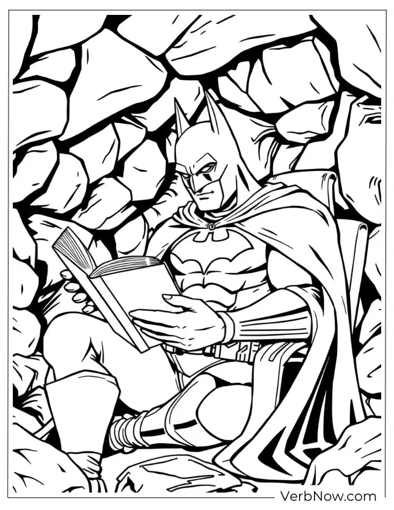 Batman reading in cave coloring page
