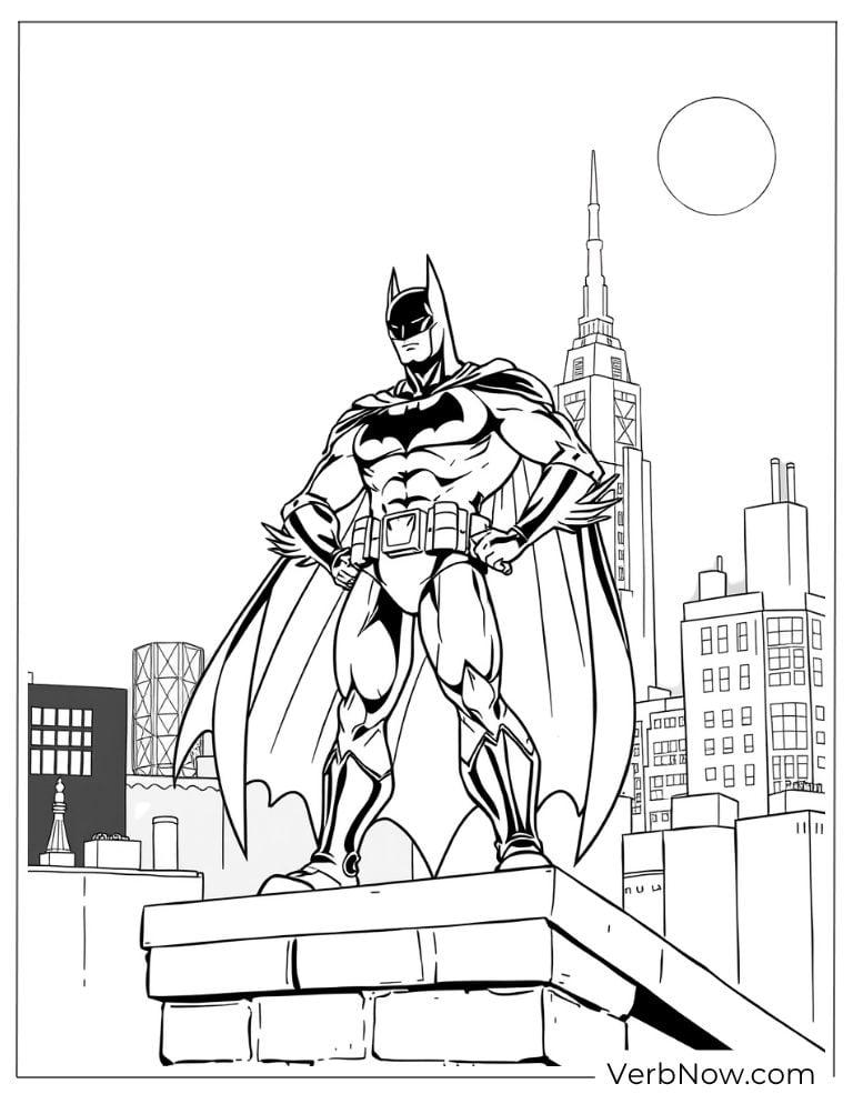 Batman stands on rooftop under moon coloring page